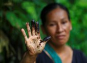 Una indígena de la comunidad de Amarumesa muestra en su mano residuos de petróleo en la Amazonía ecuatoriana.