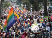 Movilización. Antes de objetar los resultados electorales, Yaku Pérez encabezó una marcha que partió desde el sur de Quito y llegó hasta el CNE.