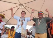 El candidato presidencial y el titular de la Conaie participaron de un evento en la Amazonía.