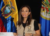 La jefa de la misión de observación electoral de la OEA para las elecciones en Ecuador, la exvicepresidenta panameña Isabel Saint Malo, habla en rueda de prensa hoy, en Quito.