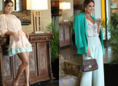 Vestido de encaje ideal para el brunch familiar. Print de lunares a tono con el pantalón y blazer.