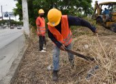 Trabajadores cortan la maleza antes de iniciar la construcción del cerramiento.