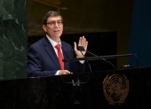 El canciller cubano, Bruno Rodríguez, mientras se dirige a la reunión de la Asamblea General.