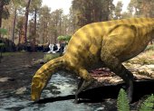 Recreación del nuevo dinosaurio, parecido a un "iguanodon" (iguana gigante), a partir de los restos fósiles que se han encontrado en uno de los yacimientos de Portell, en Castellón.