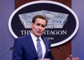 El portavoz del Pentágono, John Kirby, habla durante una rueda de prensa, el 16 de agosto de 2021, en Washington.