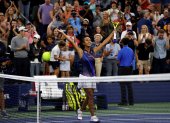 Flushing Meadows (United States), 05/09/2021.- Leylah Fernandez of Canada reacts to the crowd after defeating Angelique Kerber of Germany after their match on the seventh day of the US Open Tennis Championships the USTA National Tennis Center in Flushing Meadows, New York, USA, 05 September 2021. The US Open runs from 30 August through 12 September. (Tenis, Abierto, Alemania, Estados Unidos, Nueva York) EFE/EPA/JOHN G. MABANGLO