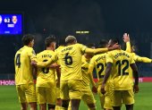 Los jugadores del Villarreal festejan el segundo gol del equipo ante el Atalanta, en Bérgamo.