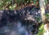 La piscina se realizó con plástico negro en medio de la selva.