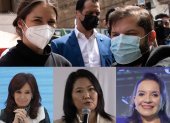 Combo de fotografías en el que se registró: arriba, a la primera dama de Chile, Irina Karamanos (i), junto al presidente electo Gabriel Boric, y, abajo de izquierda a derecha, a la vicepresidenta de Argentina, Cristina Fernández; a Keiko Fujimori y a la presidente de Honduras, Xiomara Castro.