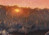 Reconstrucción artística de la ola entrando en el río Tanis, arrastrando peces y todo lo que encuentra a su paso (dinosaurios, árboles) mientras llueven del cielo esférulas de impacto.