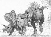 Representación de un Tyrannosaurus imperator que ataca a una manada del contemporáneo Triceratops horridus.