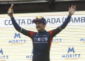 Richard Carapaz y su celebración tras ganar la sexta etapa de la Vuelta a Cataluña. El campeón olímpico dejó atrás un irregular inicio de temporada en Europa.