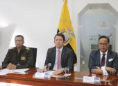 El Director del SNAI (i), Ministro de Gobierno y Consejero presidencial en rueda de prensa este lunes.