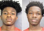 Combo de dos fotografías cedidas por la Oficina del Alguacil de Broward donde aparecen los hermanos Jaquan (i) y Bryce (d) McFadden, ambos de 16 años, que podrían enfrentar hasta una cadena perpetua después de ser detenidos y acusados de robo a mano armada de una PlayStation 5.