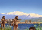 Ilustración de homínidos explotando y cocinando Luciobarbus longiceps en las orillas del paleo lago Hula.