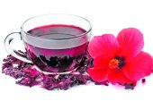 Hibiscus tea,  flower and dry blossom isolated on white background