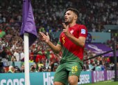 Gonçalo Ramos de Portugal celebra después de anotar. El jugador entró de titular en reemplazo de Cristiano Ronaldo