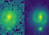 Imágenes de la galaxia EGS23205. A la izquierda la tomada por el telescopio Hubble y a la derecha la del James Webb, en la que se ve que es una galaxia espiral con una clara barra estelar.