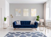 An elegant navy blue sofa in the middle of a bright living room interior with gold metal side tables and three paintings on a gray wall. Real photo.