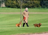 La Reina Isabel II que pasea a sus perros en el Castillo de Windsor, tomada el 2 de abril de 1994.
