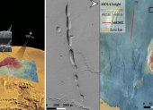 (Izquierda) Representación artística del orbitador MRO y las estructuras subsuperficiales encontradas con el radar SHARAD bajo una colada de lava en Echus-Chasma. Marte. (Centro) Imagen de los tubos de lava colapsados observada con la cámara de contexto (CTX). (Derecha) Situación en el mapa local topográfico de MOLA (Mars Orbiter Laser Altimeter), Fotografía facilitada por el Centro de Astrobiología (CAB). EFE del extremo de la colada de lava, una estructura subsuperficial cercana a 30 m de profundidad y la apertura del tubo de lava. Crédito: CAB