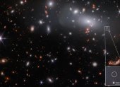 Imagen del telescopio espacial James Webb donde se localiza una pequeña galaxia nacida 500 millones de años después del Big Bang.
