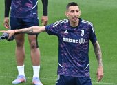 Turin (Italy), 10/05/2023.- Juventus" Angel Di Maria reacts during a training session at the Continassa in Turin, Italy, 10 May 2023. Juventus FC face Sevilla FC in their UEFA Europa League semifinal first leg soccer match on 11 May 2023 in Turin. (Italia) EFE/EPA/ALESSANDRO DI MARCO