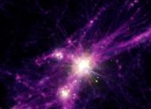 Concepción artística de las primeras galaxias con brote estelar. La imagen se ha obtenido a partir de los datos de simulación FIRE utilizados para esta investigación. Las estrellas y galaxias se muestran en los puntos de luz blanca brillante, mientras que la materia oscura más difusa y el gas se muestran en morados y rojos.