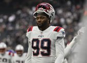 New England Patriots linebacker Jamie Collins Sr. before an NFL football game between the New England Patriots and Las Vegas Raiders, Sunday, Dec. 18, 2022, in Las Vegas. (AP Photo/David Becker)