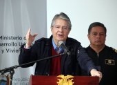 El presidente saliente Guillermo Lasso durante su intervención en Carondelet.