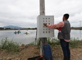 Campo. Empleado de una camaronera opera aireadores que oxigenan la piscina, que funcionan con electricidad.