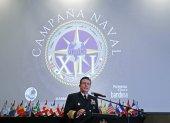 El comandante de la Armada, Almirante Francisco Hernando Cubides, habla durante una rueda de prensa, en Bogotá (Colombia), sobre la operación "Orión XII".