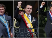 Combo de fotografías de archivo de los presidentes de Argentina, Javier Milei (i); de Ecuador, Daniel Noboa (c); y de Paraguay, Santiago Peña.