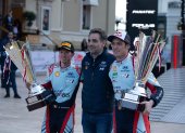 Monte Carlo (Monaco), 28/01/2024.- Belgian driver Thierry Neuville (R) and co-driver Martijn Wydaeghe (L) of team Hyundai Shell Mobis WRT celebrate winning on their Hyundai i20 N Rally1, during the podium ceremony for the 2024 WRC Rally Monte Carlo, in Monaco, 28 January 2024. EFE/EPA/ANDREAS DELIS