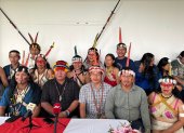 Pedido. Dirigentes del pueblo ancestral Waorani, en una rueda de prensa.