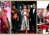 En la gala de 2023, Isabel Pantoja llamó la atención con su traje de grandes rosas. En la foto central, la princesa Carolina y el príncipe Alberto junto a Christian Louboutin (segundo a la izquierda).