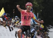 AMDEP6864. ALTO EL VINO (COLOMBIA), 10/02/2024.- El ecuatoriano Richard Carapaz de EF Education Easypost celebra al ganar la quinta etapa de la carrera ciclística Tour Colombia 2024 hoy, en el Alto el Vino, Cundinamarca (Colombia). EFE Carlos Ortega