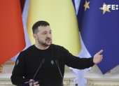 El presidente de Ucrania, Volodímir Zelenski, en una rueda de prensa este sábado 24 de febrero en Kiev.