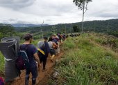 Un grupo de migrantes atraviesa una zona selvática del Darién.