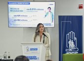 La directora general (subrogante) del IESS, Milena Charfuelán, durante el acto de rendición de cuentas, el 27 de marzo, en Quito.