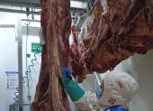 Labor. Daysi Burgos, de 31 años, hace el desposte de la carne en el Centro de Distribución de Tía.