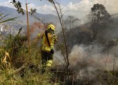 Fotografía de archivo de bomberos mientras combaten un incendio forestal, en Medellín (Colombia).