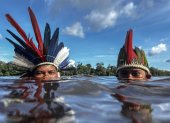 El cacique Jonas Mura de la aldea de Gavião Real bucea en el río Urubú con su hijo Jonas, el 14 de junio del 2024, en la selva amazónica (Brasil).
