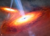Esta ilustración muestra dos cuásares en proceso de fusión. Un equipo de astrónomos ha descubierto una pareja de cuásares en proceso de fusión observados tan sólo 900 millones de años después del Big Bang, gracias al telescopio Gemini North, que forma parte del Observatorio Internacional Gemini, financiado en parte por la Fundación Nacional de la Ciencia de Estados Unidos y gestionado por el NSF NOIRLab, y al telescopio Subaru. No sólo se trata de la pareja de cuásares fusionados más distante jamás encontrada, sino también de la primera pareja confirmada hallada en el periodo del Universo conocido como Amanecer Cósmico. Crédito.  Observatorio Internacional Gemini/NOIRLab/NSF/AURA/M. Garlick