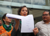 La presidenta de la Coalición Nacional de Mujeres del Ecuador, Miriam Ernst (c), junto a integrantes de organizaciones feministas de Ecuador, presentan una demanda ante la Corte Constitucional este martes en Quito (Ecuador).