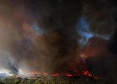Un humo espeso se eleva durante un incendio forestal que estalló en una zona de tierras de cultivo y bosques en Varnavas, región de Ática, Grecia, el 11 de agosto de 2024.