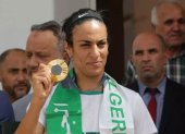 Imane Khelif durante el recibimiento en su país.