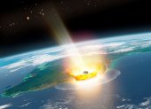 Impresión artística del impacto de un gran asteroide en la Tierra, como el de Chicxulub, que provocó la extinción masiva del Cretácico, hace 66 millones de años. La ilustración muestra el impacto de un asteroide en Chicxulub. Al fondo, el planeta Marte y cuerpos de asteroides.