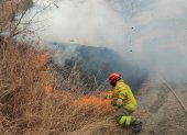 Personal del Cuerpo de Bomberos de Loja trabajan para controlar el incendio forestal en Vilcabamba.