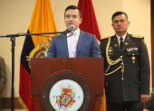 El presidente de la República, Daniel Noboa, durante su intervención por la Independencia de Cuenca.